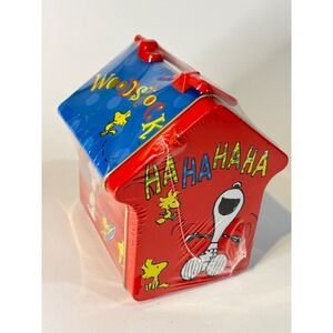 Peanuts Snoopy Woodstock Doghouse Shaped Tin Box Red Blue New Sealed